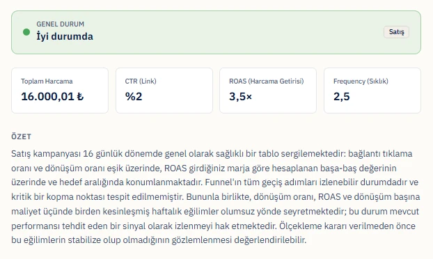 Northex Meta analiz detayı ekranı: “İyi durumda” genel durumu; toplam harcama, CTR, ROAS ve frekans kartları; altında kampanyanın Türkçe özet paragrafı.
